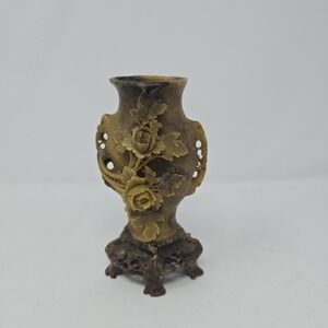CHINA CHINESE ANTIQUE/VINTAGE SOAPSTONE HAND CARVED VASE WITH FLORAL MOTIFS 6"